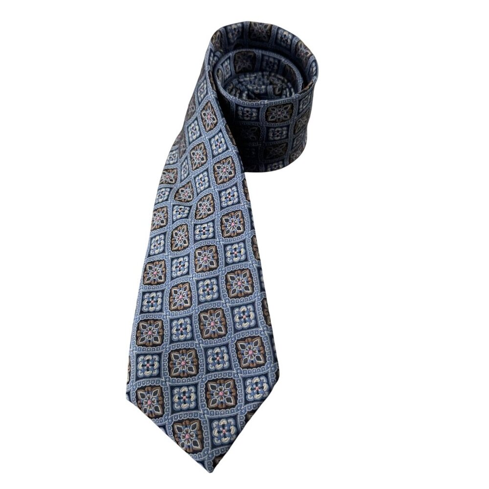 JOS. A. Bank Reserve 100% Silk Necktie Blue & Brown Square Floral Pattern